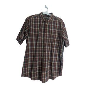 L.L.Bean Short Sleeve Red Cream Plaid Button Down Cotton Shirt Men Size LG Tall